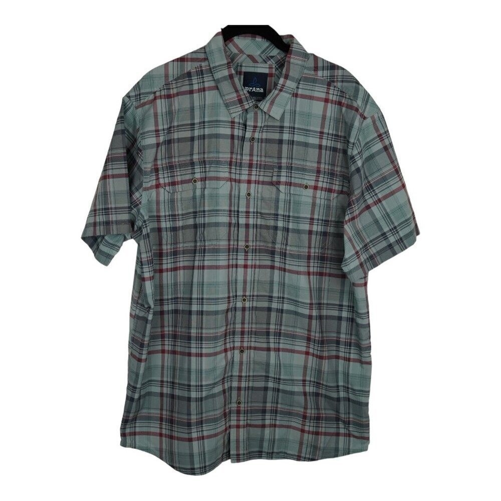 Prana Shirt Mens Large Plaid Short Sleeve Button Up Green Red Nylon Hiking
